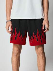 ROMWE MEN Street Life Men's Flame Printed Front Tie Pocket Casual Shorts