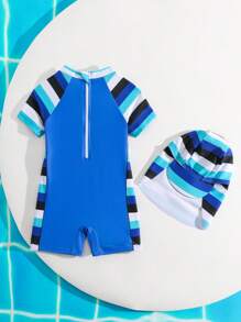 SHEIN Newborn Baby Striped Raglan Sleeve Rash Guard Swimsuit With Shorts & Hat Set