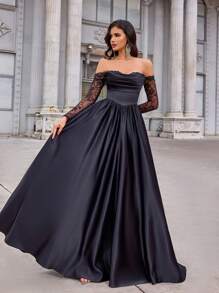 Aureia 春夏优雅浪漫华丽黑色露肩透视蕾丝长袖礼服，奢华亮片蕾丝拼接缎面宽松版型，适合晚宴、单身派对、生日约会、节日舞会、返校季、毕业季、婚礼等场合穿着（大码款），正式场合，礼服，适合婚礼宾客、情人节等场合。 - 黑色 - 查看 7