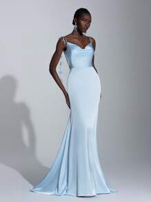 SHEIN Belle Elegant Light Blue Satin Spaghetti Strap Plunging Back Flowing Ribbon Mermaid Bridesmaid Dress