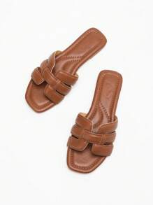 CUCCOO BIZCHIC Women's Solid Color Fashion Metal Buckle Flat Slide Sandals