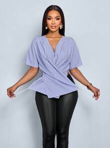 SOLERSUN Women's Stripe Print V-Neck Short Sleeve Crossed Design Blouse (Random Flower Print) - Blue - View 6