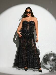 SHEIN ICON Plus Size Lace Patchwork Ruffle Trim Sexy Bustier, Wedding Guest Blouse, Lace Hollow Out Top, Date Outfit