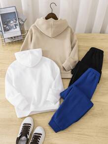 买一送一，4件/2套Tween Boy字母印花连帽羊毛运动衫和裤子2件套，适合秋季，加厚 - 彩色 - 查看 2