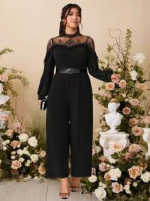 SHEIN Belle Plus Size Stand Collar Lace & Mesh Panel Lantern Sleeve Loose Straight Leg Jumpsuit, Casual & Elegant For Outing & Party