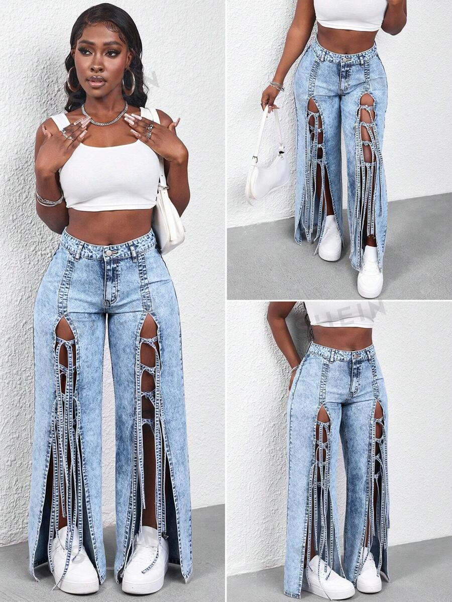 SHEIN Slayr Pantaloni lungi din denim, la modă pentru damă - Albastru - Vizualizare 1