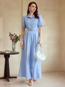 Vintamour Vintage Retro Elegant Women's Jumpsuit With Shirt Wide Leg Pants With Belt Casual For Commuting Summer Outfits For Women Spring Outfits For Women Vacation Outfits Woman Easter Vacation Outfits Women Wedding Guest Dress Women Summer Clothes Business Casual Woman Office Outfits For Women Spring Clothes Spring Break Women Summer Clothes Church Clothes Women Concert Outfit Women Pants For Women Summer Clothes Women Rompers Cruise Attire Women Modest - Blue - View 3