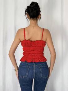 SHEIN Unity Women Elegant Spaghetti Strap Open Front Ruched Drawstring Bow Camisole Tank, Suitable For Vacation, Daily Wear, Sexy, Beach, Solid Color, 3D Fabric - Red - View 2