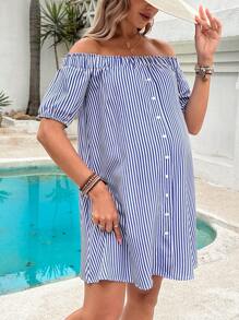 SHEIN Umstandsmode Kleid für Urlaub im Lässig Stil mit gestreiftem offener Schulter Kurzarm - Blau-Weiß - Übersicht 1