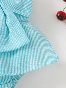 SHEIN 女婴夏季韩版休闲可爱汽车大蝴蝶结吊带蓝色条纹连体衣