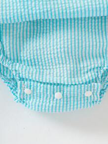 SHEIN 女婴夏季韩版休闲可爱汽车大蝴蝶结吊带蓝色条纹连体衣