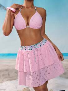 SHEIN Swim 3pcs Women Fresh Romantic Hollow Floral Textured Bikini Set For Summer Beach Vacation - Pink - View 5
