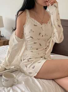 DAZY 3pcs/Set Women Cute Bear Pattern Allover Print Open Front Top , Cami Top And Shorts Pajama Set, Fall Winter Clothes