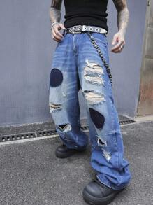 Manfinity EMRG Men's Casual Loose Fit Pockets Distressed Wide Leg Jeans - Blue - View 6
