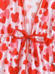 1pc Young Girl Printed One-Piece Swimsuit With Cover-Up - Red - View 3