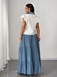 SHEIN Unity 2 件大码纯色泡泡袖纽扣衬衫和分层荷叶边下摆裙子套装，适合春夏季 - 藍白色 - 查看 7