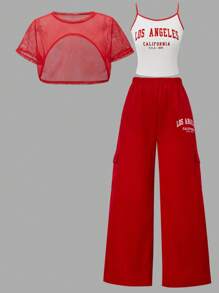 SHEIN 3Pcs/Set Teen Girls Fashion Streetwear Comfy Mesh Short Sleeve Top, Graphic Print Tank Top And Printed Wide Leg Cargo Pants,Casual Wear