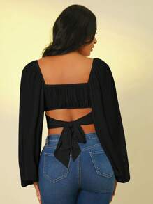 SHEIN SXY Women's Casual Solid Color Lantern Sleeve Cropped Blouse