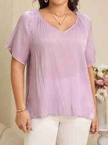 EMERY ROSE Plus Size Casual Solid Color Short Sleeve Shirt - Purple - View 6