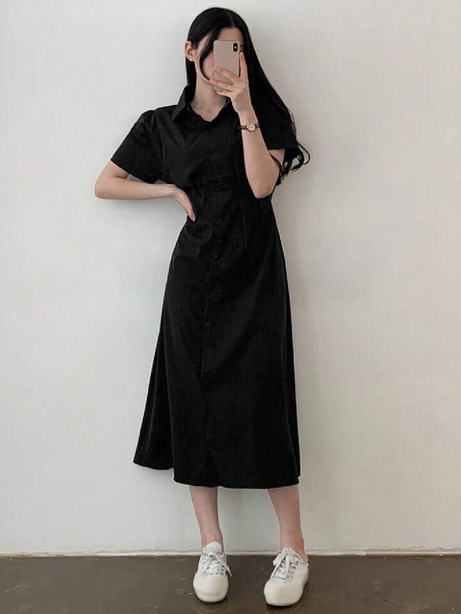 DAZY 休闲系腰长裙，女式纯色连衣裙太阳裙衬衫裙 - 黑色 - 查看 1