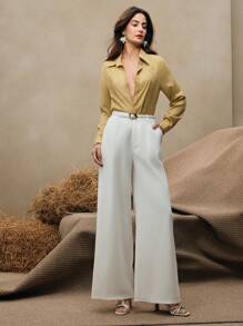 Anewsta 女士亚麻刺绣长袖衬衫，白色，休闲优雅，适合春季 - 青檸色 - 查看 7