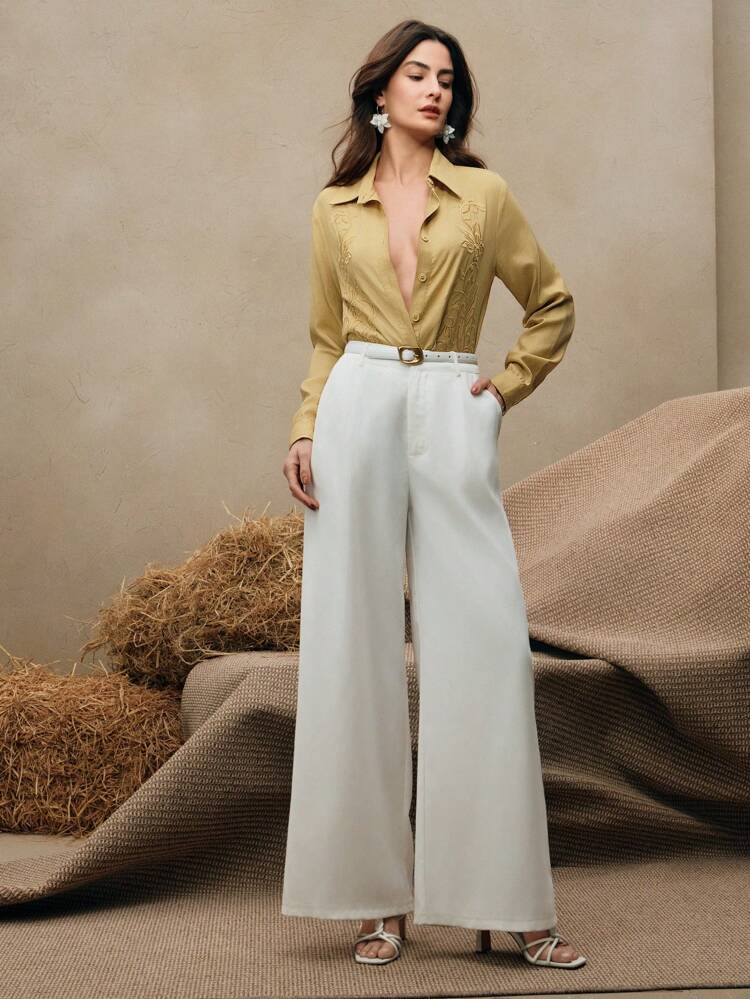 Women Linen Embroidered Long Sleeve Shirt, White, Casual Elegant For Spring