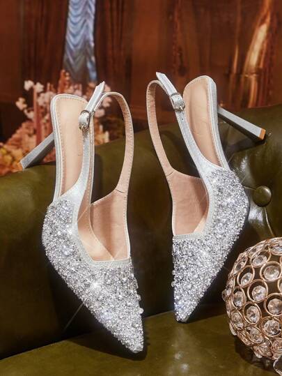 CUCCOO TILAWA أحذية زفاف نسائية ذات كعب عال، برؤوس مدببة، مزينة بالراين ستون، كعب عال مغلق، بلون فضي