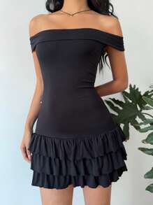SHEIN EZwear 女士优雅纯色露肩荷叶边下摆迷你连衣裙 - 黑色 - 查看 3
