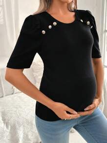 SHEIN Solid Color Ribbed Crew Neck Short Sleeve Maternity T-Shirt - Black - View 3