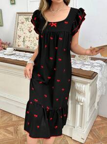 CottageSlumber Women's Ruffle Trim Cherry Print Two Layer Cap Sleeve Nightgown Babydoll Holiday Season, Bountiful Floral Splendor Cozy And Elegant Details - Black - View 4