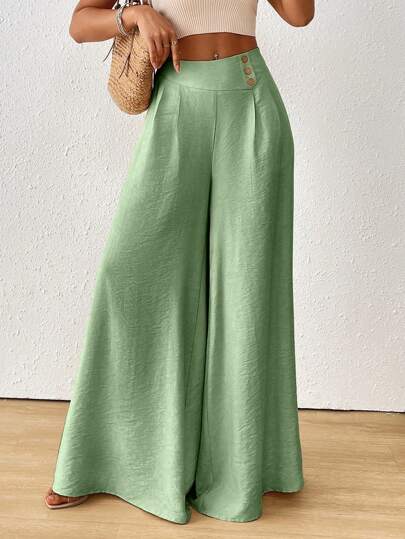 SoleilVie Pantalones casuales anchos y sueltos de mujer con pliegues de unicolor