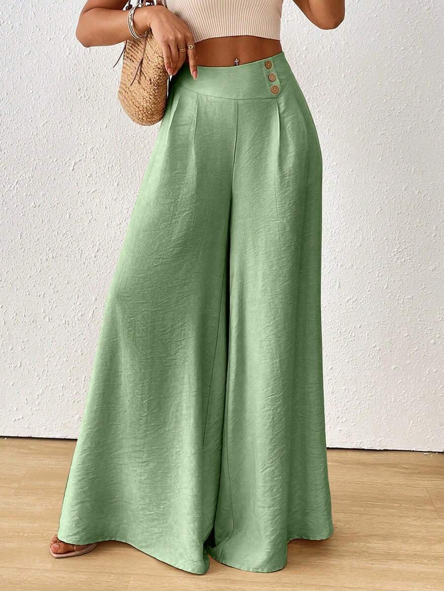 SoleilVie Quần ống rộng xếp ly màu trơn đơn giản thường ngày cho nữ - Màu xanh Ô liu - Xem 1