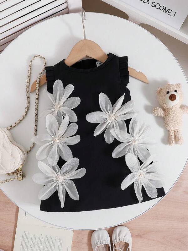 SHEIN Baby Girls Elegant Fashion Cute Pink Dress With Peach Flower Decor, Summer