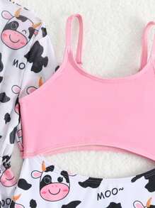 1pc Young Girl One-Piece Swimsuit, Random Print, With Cover-Up - Pink - View 4