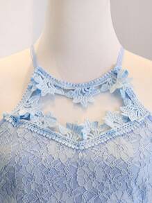 Elegant Lace & Mesh Halter Neck Sleeveless Dress, Bridesmaid Dress For Teenagers & Youths, Suitable For Wedding, Party, Birthday, Performance