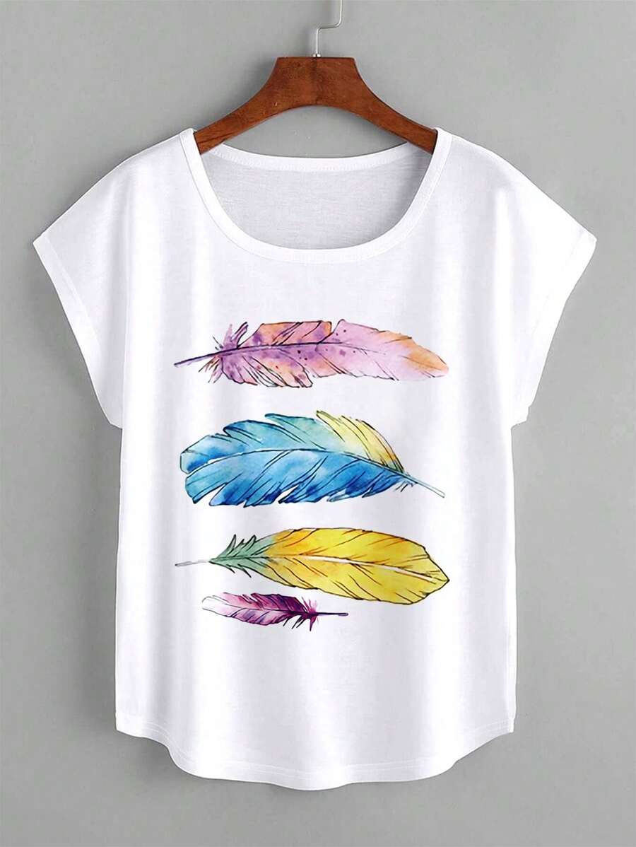 SHEIN LUNE 羽毛印花蝙蝠袖 T 恤 图案 T 恤 女式上衣 - 白色 - 查看 1