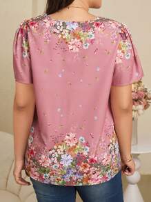 EMERY ROSE Plus Size V-Neck Puff Sleeve Floral Print Casual Shirt, Vacation,Summer Clothes,Vacation Outfits Woman / Vacation,Boho Women Clothing