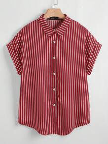 SHEIN LUNE Plus Size Women's Striped Short Sleeve Single Breasted Casual Loose Shirt Spring For Women Summer Wedding Guest Women Business Casual Shirt Wedding Guest Dress Women