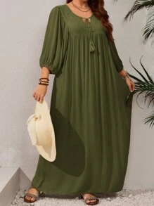 EMERY ROSE Plus Size Women Solid Color Tie Neck Lantern Sleeve Elegant Dress - Army Green - View 5