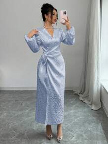 Modelyn Women's Light Blue Leopard Print Satin Jacquard Cross V-Neck Wrap Tie Waist Midi Dress With Long Sleeves