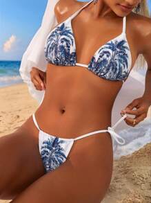 SHEIN Swim Conjunto de bikini de dos piezas con estampado de palmeras, de estilo casual y minimalista, perfecto para el verano y las vacaciones en la playa