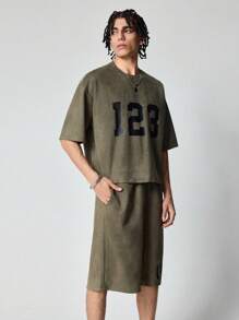 ROMWE MEN Prep Men's Jersey Suede Casual Numeric Print T-Shirt And Shorts Set - Green - View 5