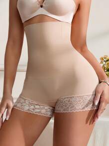 1 pieza Pantalones cortos moldeadores de cintura alta con parche de encaje para mujer
