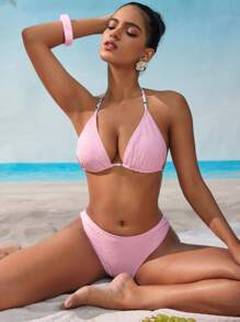 SHEIN Swim 3pcs Women Fresh Romantic Hollow Floral Textured Bikini Set For Summer Beach Vacation - Pink - View 4