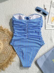 Swim Chiccia Maiô Sexy de Uma Peça com Babados Listrados Azuis e Amarração, Conjunto de Praia para Férias - Azul - Visão 2