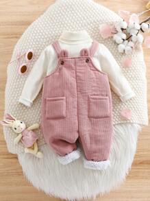 SHEIN 新生嬰兒女可愛灰色灰絨實色連身衣，具有3D耳朵設計和吊帶，適用於秋冬季節 - 藕粉色 - 查看 1
