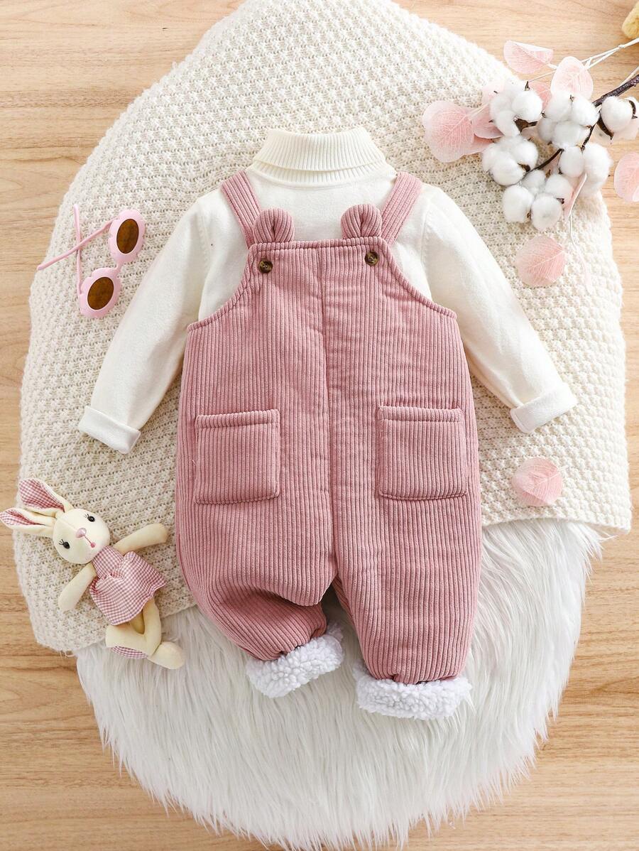 SHEIN 新生嬰兒女可愛灰色灰絨實色連身衣，具有3D耳朵設計和吊帶，適用於秋冬季節 - 藕粉色 - 查看 1