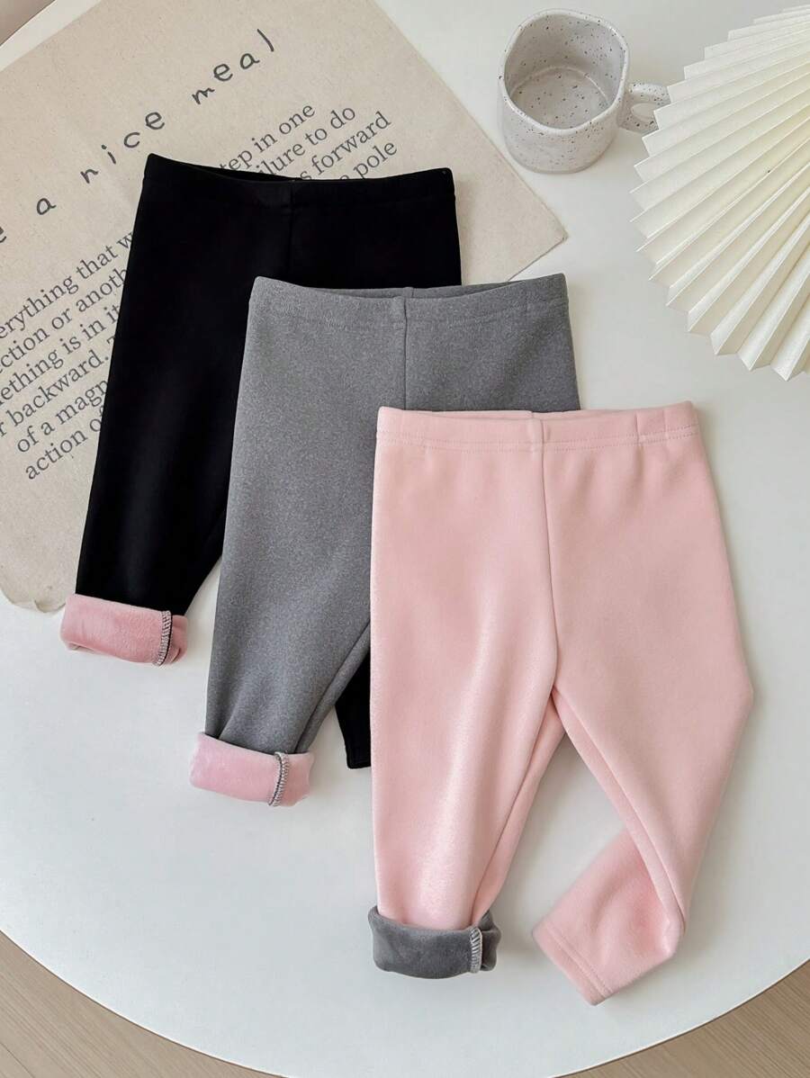 SHEIN LMoss Kids 3 件套女婴可爱百搭针织松紧腰保暖内衬裤套装，秋冬 - 彩色 - 查看 1