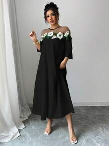 Elenzga فستان نسائي أنيق مزين بقطع شبكي مطرز بالأزهار - طراز أزهار عشوائي