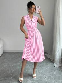 Elenzga Vestido midi sin mangas de rayas para mujer, para el verano